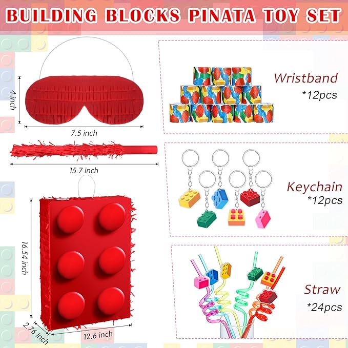 25 Pcs Building Blocks Party Supplies Fiesta Piñata Bundle with Blindfold Bat Stick and Confetti 12 Slap Bracelets 6 Keychain 6 Straws Building Block Theme Birthday Carnival Party Decoration