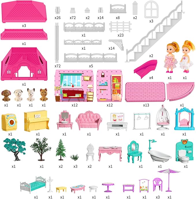 TEMI Villa Toys for 3 4 5 6 7 8 Years Old Girls - 4 Storeys 12 Rooms, Indoor Playset with 2 Dolls Toy Figures, Toys Furniture and Accessories, Pretend Girls Plays, Building Toys, Gifts Toy