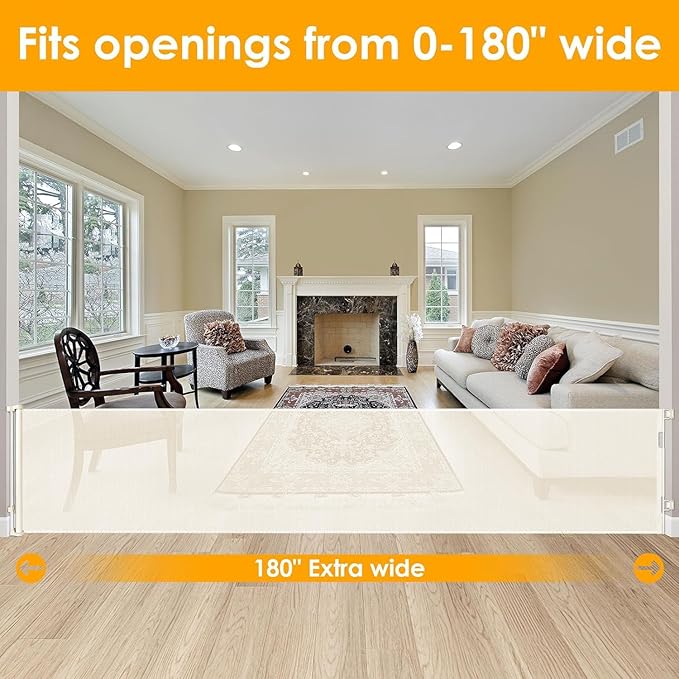 180 Inch Extra Long Baby Gate Extra Wide Dog Gates for Large Openings Extra Large Baby Gate Dog Gate for Doorways Extra Wide Retractable Baby Gates Extra Wide Indoor Outdoor Retractable Gate (Beige)