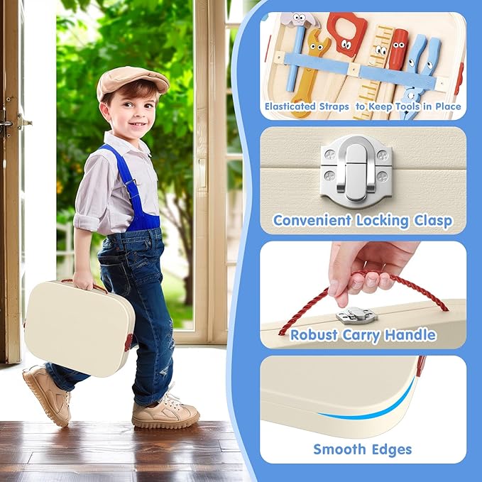 45 Pcs Kids Tool Set, Toddler Tool Set with Tool Box, STEM Construction Preschool Educational Toys for Age 3 4 5 6 7 Boys Girls, Wooden Tool Kits Toys, Christmas Birthday Present for Kids