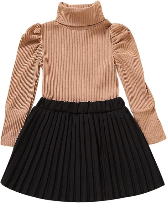 Fernvia Toddler Baby Girl Fall Winter Skirt Set Turtleneck Ribbed Long Sleeve T-Shirt Top & Plaid Skirts Dress 2Pcs Outfits