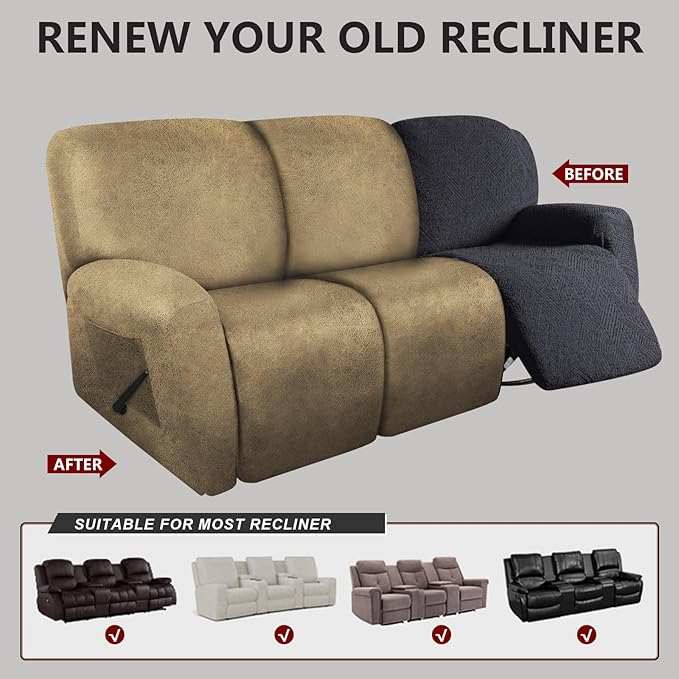 molasofa Recliner Sofa Covers - 8 Pieces Stretch Leather Like Large Couch Covers for 3 Seats Reclining Slipcovers Soft Jacquard Pattern Furniture Protector with Elastic Bottom (Mustard)