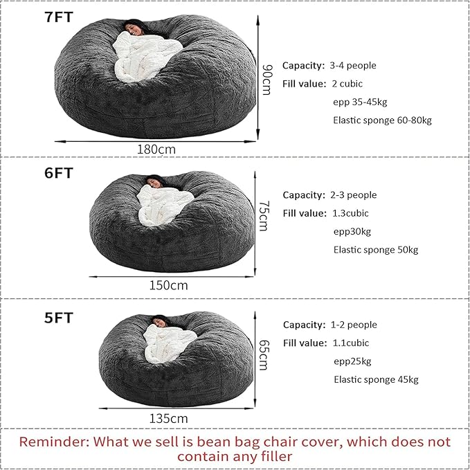 DELADOLA Bean Bag Cover(NO Filler,Cover ONLY) Big Bean Bag Storage Chair Bean Bag Sofa Chair Soft Fluffy Fur Portable Living Room Sofa Bed Cover (Snow Gray, 6FT)