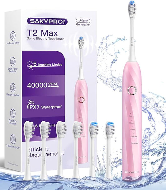 40,000 VPM Electric Toothbrush for Adults & Kids - Ultra Whitening Sonic Toothbrushes – 5 Modes with Smart Timer – 70-Day Long-Lasting Rechargeable Toothbrush, 6 Soft Brush Heads (T2 Max)