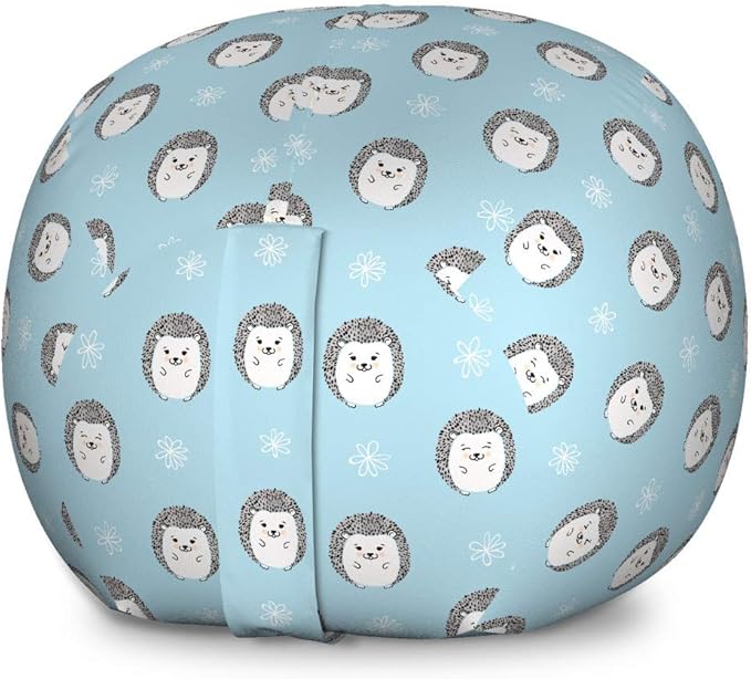 Ambesonne Hedgehog Storage Toy Bag Chair, Watercolor Artwork Smiling Happy Characters with White Daisies on Blue, Stuffed Animal Organizer Washable Bag, Large Size, Blue Grey