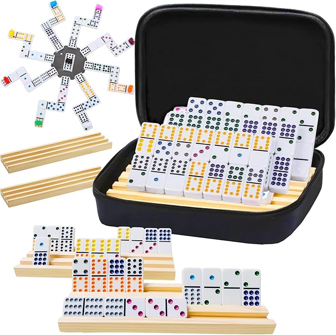 2-6 Players Mexican Train Dominoes Set with 6 Wooden Racks, 91 Tiles, Portable Case, Double 12 Dominos Set for Adults, Family Board Games for Adults, Valentines Day Gifts for Him Her Men Women Mom Dad