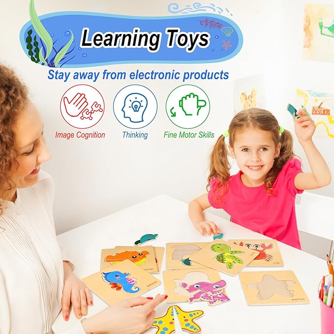 8pcs Wooden Puzzles for Toddlers 1-3, Toddler Puzzles Ages 2-4, Montessori Toys for 1-3+ Years Girl Boy, Sea Animal Puzzle for Kids, Jigsaw Puzzles Educational Toys Preschool Puzzles for 1-3