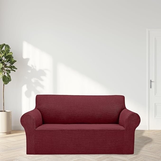 2025 New Stretch Loveseat Sofa Slipcovers Couch Cover for 2 Cushion Furniture Protector Sofa Covers with Elastic Bottom Jacquard Fabric Small Checks for Pets, Kids - Dark Red