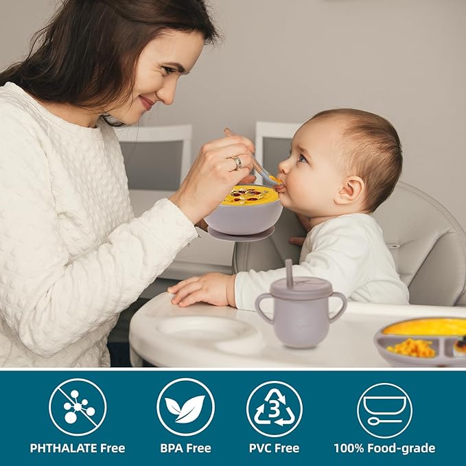 100% Silicone baby feeding set,BPA free Baby dishes set with Suction Bowl Divided Plate,Toddler Self Feeding Dish Set with Spoons Forks Sippy Cup And Bib, Baby Eating Utensils (Beige)