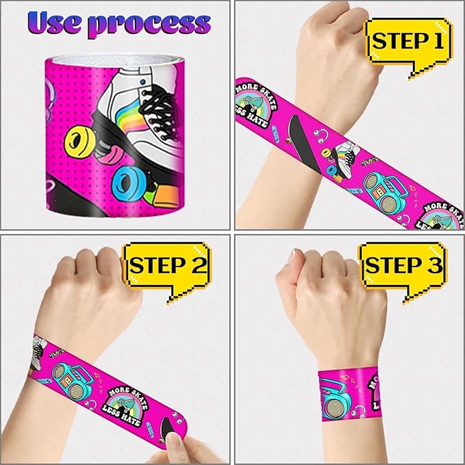 48PCS Roller Skate Party Favors Slap Bracelets, Roller Skate Wristbands Bracelets Goodie Bag Fillers Throwback 90s Roller Skating Hip Hop Birthday Decorations Supplies for Kids Adults