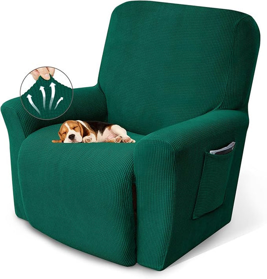 KEKUOU Recliner Chair Covers,Lazy Boy Recliner Covers Stretch Couch Cover Slipcovers 1 Piece Furniture Protector with Elastic Bottom for Dog,Kids.(Recliner, Dark Green)