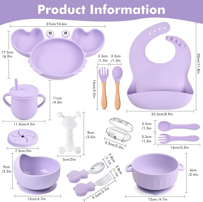 Silicone Baby Feeding Set 15 Pcs，Baby Spoons Suction Bowl Divided Plate Bib Cup Finger Brush Teething Teether，Baby Led Weaning Supplies,Baby & Toddler Silicone Plates and Bowls Dining Set（purple）