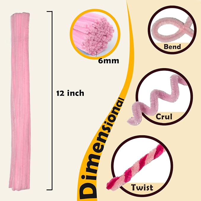 300pcs Pink Pipe Cleaners Bulk - Fluffy Craft Pipe Cleaners for Arts & Crafts, Ideal for Making Flowers, Animals & Decorations (12 x 0.24 inches)