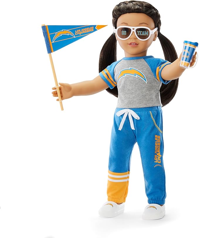 American Girl Los Angeles Chargers 18 inch Doll Fan Outfit and Accessories, Blue and Yellow, 6 pcs, Ages 6+