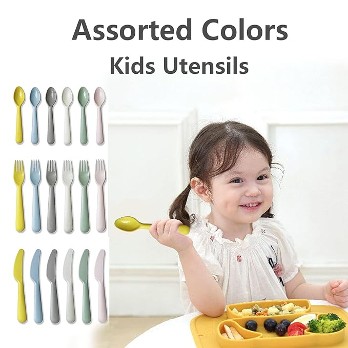 18Pcs Plastic Toddler Utensils Set Kids Spoons Forks Knife Colored Baby Flatware Set Silverware Set Reusable Plastic Utensils BPA Free Dishwasher Safe Plastic Cutlery