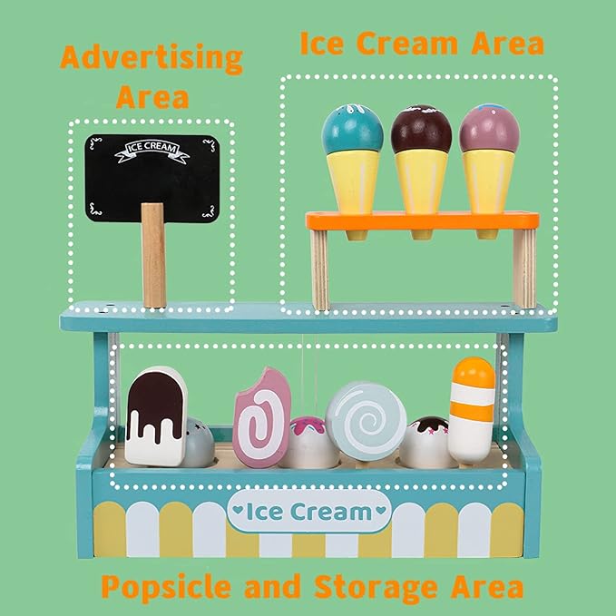 Wooden Ice Cream Toy Play Set, Ice Cream Truck Shop Stand Toys for Toddlers, Montessori Play Kitchen Accessories Wooden Food Set for Kids, Pretend Play for Toddlers
