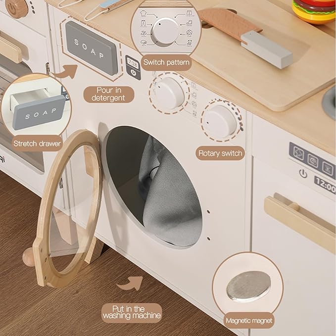 Kids Play Kitchen - Wooden Multi-Function Washing Machine for Kids Kitchen Playset - Pretend Toddlers' Kitchen Toy Washer with Accessories - Perfect Baby Gift for Ages 3-8