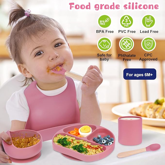 Silicone Baby Feeding Set|6 pcs Premium BPA-Free Baby Led Weaning Supplies with Suction Plates and Bowls Set,toddler self feeding Utensils with Spoons,Bibs,Cups|Baby feeding essentials for 6+ Months