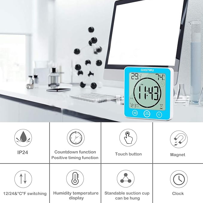 Digital Shower Clock, Bathroom Timer Clock, Waterproof for Water Spray, Count Up Count Down Alarm, Touch Screen Timer, Temperature Humidity, Wall Clock Magnet, Suction Cup, Hanging, Stand Blue