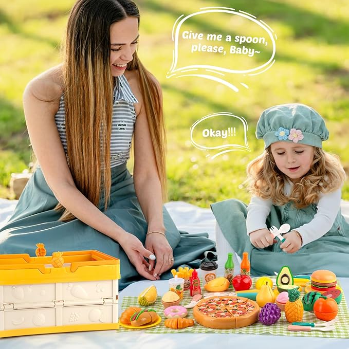 Play Food Sets for Kids Kitchen, Picnic Basket Toy Food Cutting Set with Cutlery and Blanket, Toddler Play Kitchen Accessories with Fruits, Juice, Fake Food with Pizza Toys for Boys Girls