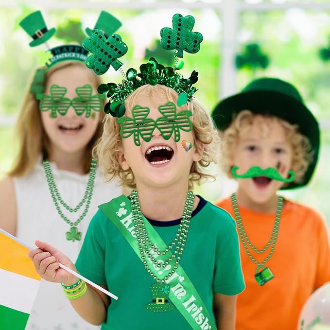 180Pcs St. Patrick's Day Accessories Party Favor Set, Tattoo Stickers, Necklaces, Bracelets, Shamrock Glasses, Headbands, Mustaches, Coins and Kiss Me I'm Irish Sash for Irish Party Supplies
