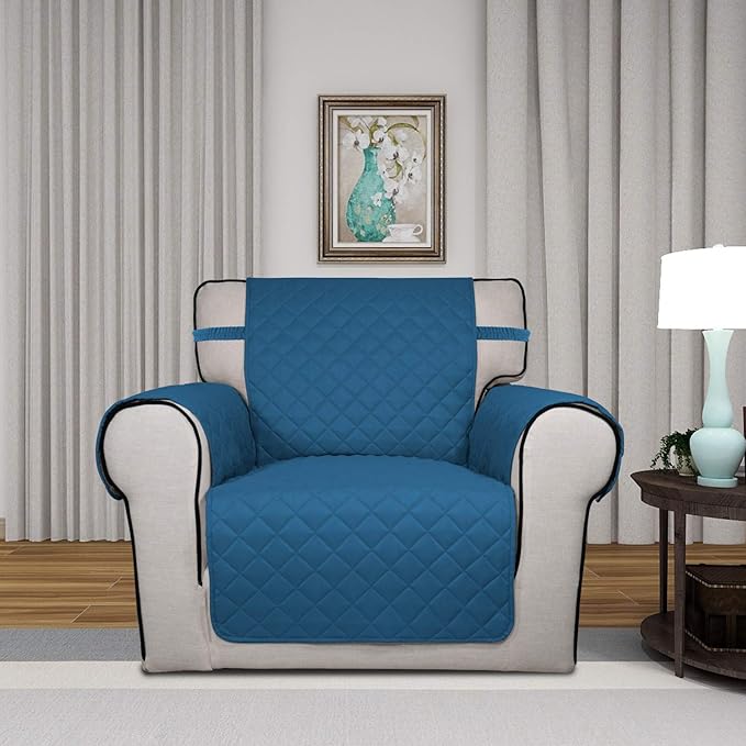 PureFit Reversible Quilted Sofa Cover, Water Resistant Slipcover Furniture Protector, Washable Couch Cover with Non Slip Foam and Elastic Straps for Kids, Pets (Small, Peacock Blue/Beige)