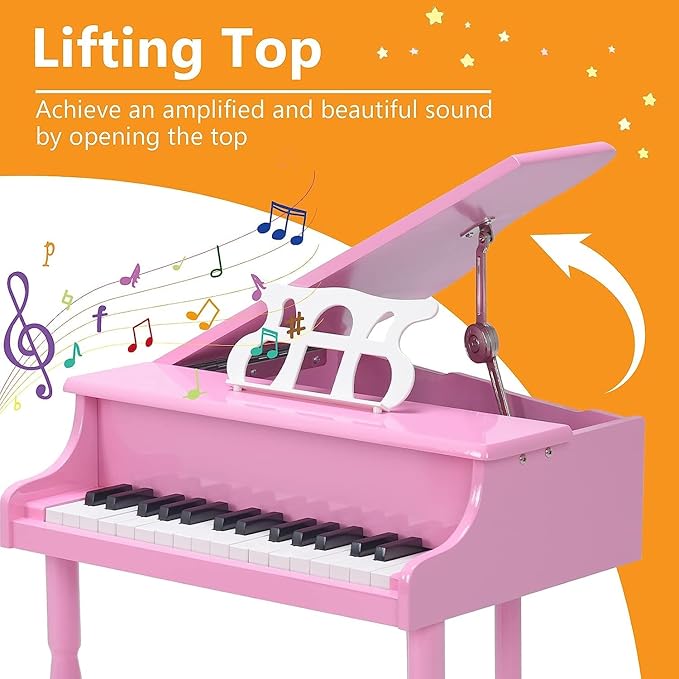 HONEY JOY Classical Kids Piano, 30-Key Mini Grand Piano with Music Stand and Bench, Wooden Musical Instrument Toy w/Lid & Music Rack, Gift for Boys Girls Ages 3+ (3 Straight Leg-Pink)