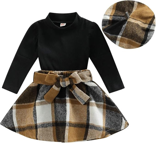Fernvia Toddler Baby Girl Fall Winter Skirt Set Turtleneck Ribbed Long Sleeve T-Shirt Top & Plaid Skirts Dress 2Pcs Outfits
