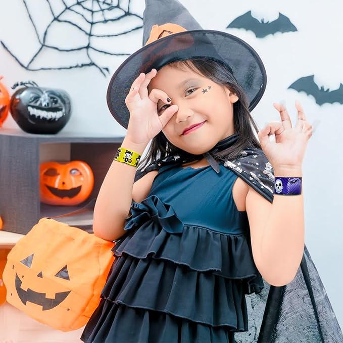 48 Pcs Halloween Slap Bracelets, 12 Styles for Halloween Party Favors, Assorted Bulk Pumpkin Zombie Witches Snap Bracelet Wristbands for Kids Halloween Party Gift Bag Filler Supply