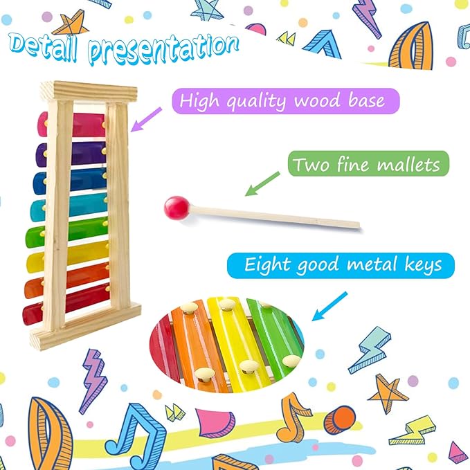 Wooden Xylophone for Kids,Toddler Xylophone Toy with 2 Child Safe Mallets,8 Diatonic Keys Musical Instruments for Preschoolers Educational Toys,Gifts