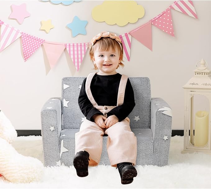 ALIMORDEN 2-in-1 Flip Out Cuddly Sherpa Toddler Couch, Convertible Sofa to Lounger, Star