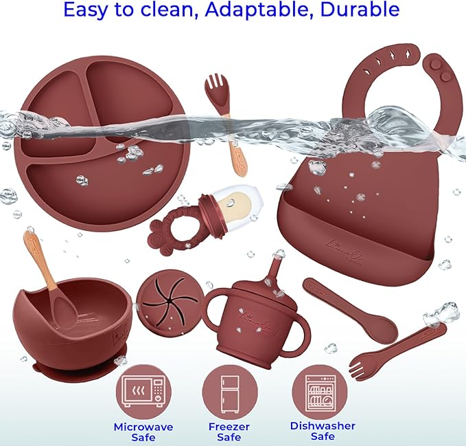 Silicone Baby Feeding Set - BPA-Free - Baby Led Weaning Supplies, Complete Kit toddler eating essentials – Empower Your Little One's Independence with LimOr's baby essentials 6-12 months (Red-Wine)