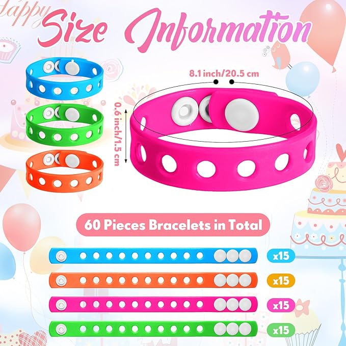 60 Pcs Silicone Kids Bracelets Neon Wristband 8 Inch Adjustable Rubber Charm Wristband with Holes for Shoe Charm Birthday Party Gifts School DIY Craft Goodie Bag Stuffer, 4 Colors