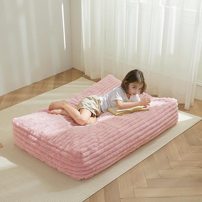 MAXYOYO Bean Bag Chair Bed for Kids, Floor Sofa Couch with High-Density Foam Filling, Convertible Beanbag Folds from Lazy Chair to Floor Mattress Bed with Faux Fur Cover, Pink 9