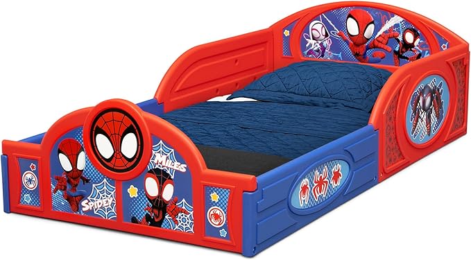Delta Children - Marvel Spidey and His Amazing Friends 4-Piece Toddler Room-in-a-Box Set – Includes Sleep and Play Toddler Bed, Table, 1 Chair and Fabric Toy Box, Blue/Red