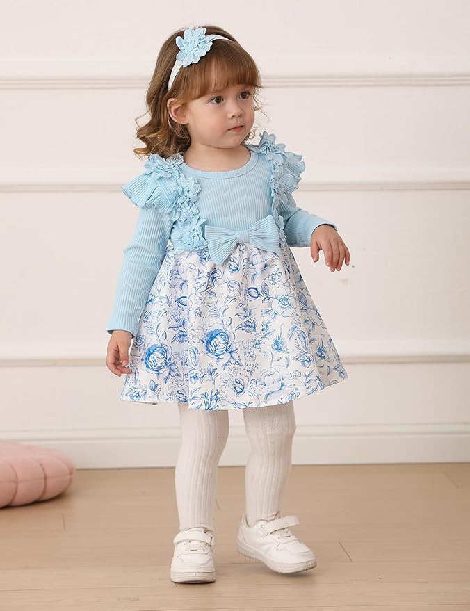 Baby Girl Dress Fall Flower Ruffle with Lace Headband Toddler Girls 3M-3T Infant Dresses Winter Baby Girl Clothes