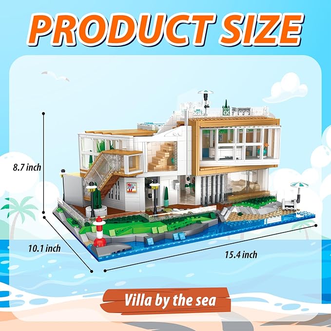 2228Pcs Seaside Villa Building Blocks Set for Kids Ages 8-12 - Street View House Collectible Model Kits - Building Toys with Lighted Glow for Creative Minds