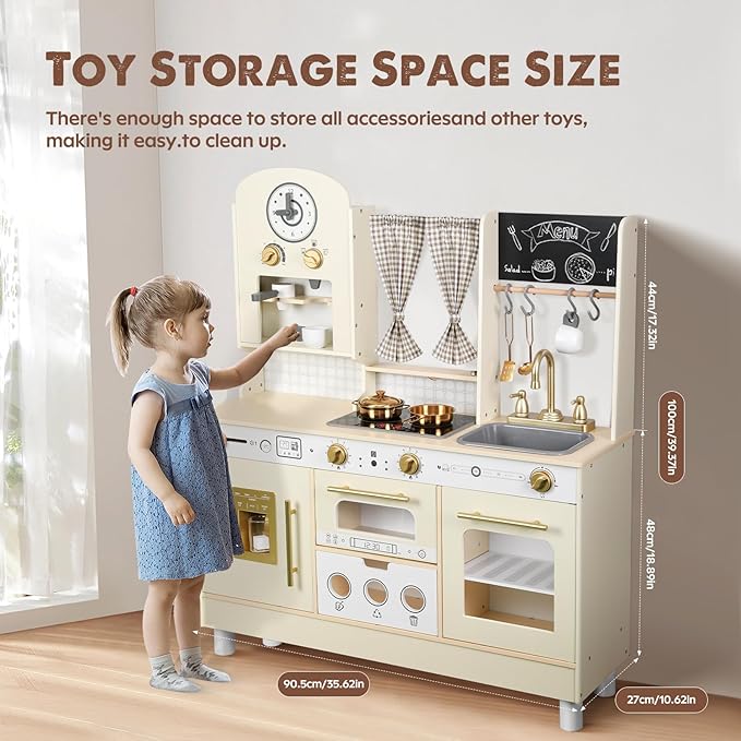 Kids Kitchen playset, Wooden Play Kitchen, Height Adjustable, Comes with Various Kitchen Accessories, Ideal Role Play Toy Gift for Toddlers and Kids Ages 3-8 (White)