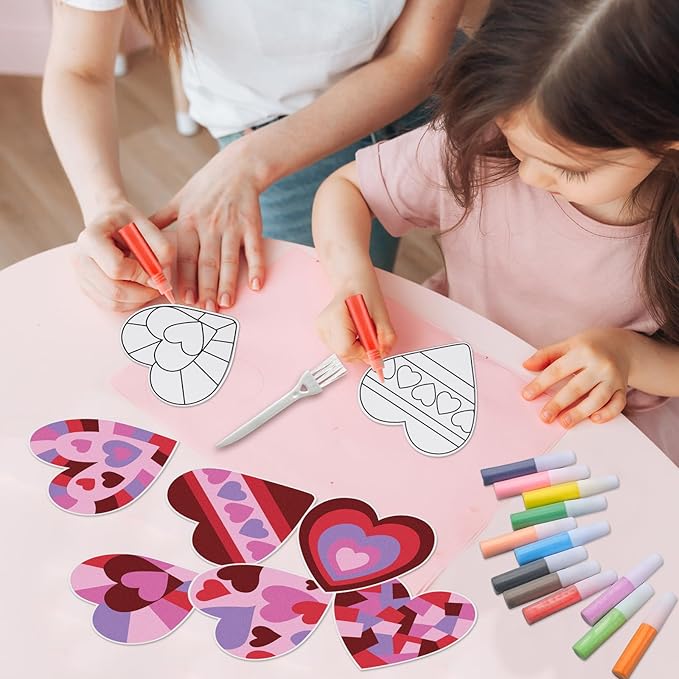 24 Sets Valentine Hearts Sand Art Craft Kit with Colored Sand Brushes DIY Valentine's Day Sand Painting Craft Create Your Own Sand Art for Kids Party Supplies Fun Home Activities