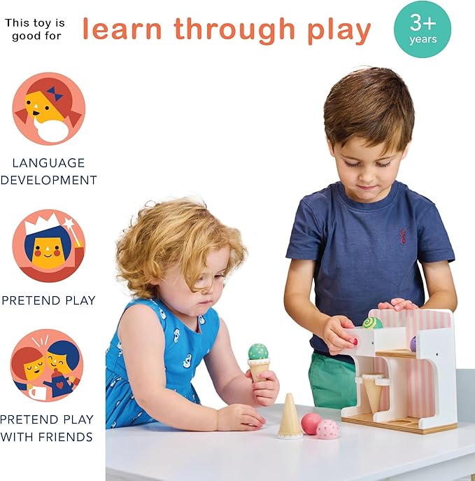 Mentari Toys - Ice Cream Kiosk - 7pc Wooden Play Shop with Cornets & Scoops - Press & Drop Feature - Pretend Play Toy for Toddlers - Encourages Creativity, Fine Motor Skills & Social Play - Age 3+