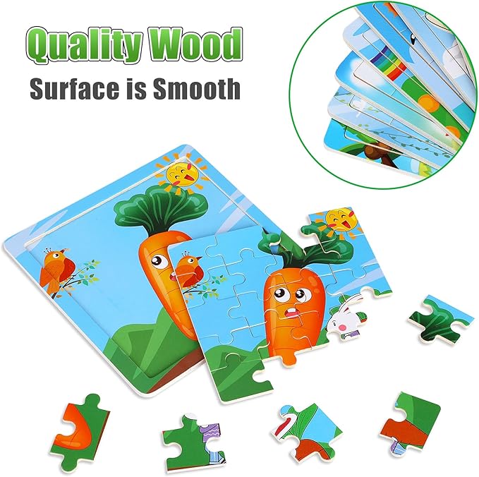 SANNIX 12 Pack Wooden Jigsaw Puzzles for Toddlers 3 4 5 Years Old, Party Favors Animals Jigsaw for Kids, Transportation Educational Puzzles Travel Toy with 12 Organize Bags