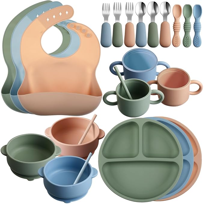 24 Pack Silicone Baby Feeding Set Baby LED Weaning Supplies Includes Suction Divided Plates Soft Bowl Spoons Forks Adjustable Bib Snack Cup and Straws(Dark Green, Dark Blue, Walnut Color)