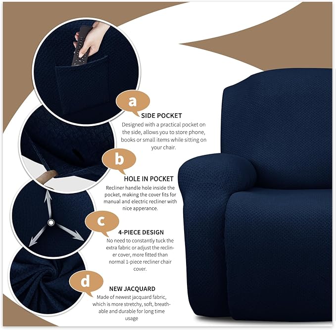 JIVINER Oversized Recliner Chair Covers 4 Piece Stretch Lazy Boy Recliner Sofa Slipcover Jacquard Large Recliner Covers with Elastic Bottom Soft Furniture Protector (XL Recliner,Navy Blue)