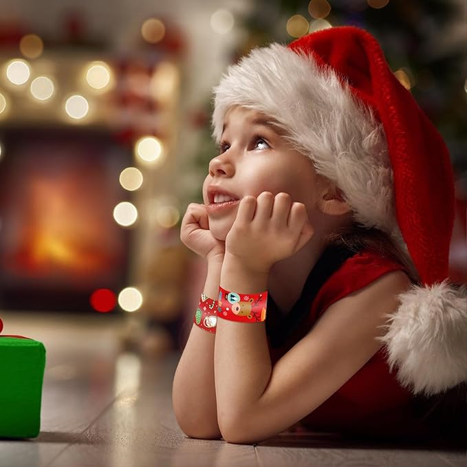 48 Pieces Christmas Slap Bracelets Bulk Party Favors for Kids - 12 Designs Festive Snap Bands, Holiday Goodie Bag Xmas Stocking Fillers, Classroom Prizes Accessories, Wrist Decorations Gifts Supplies