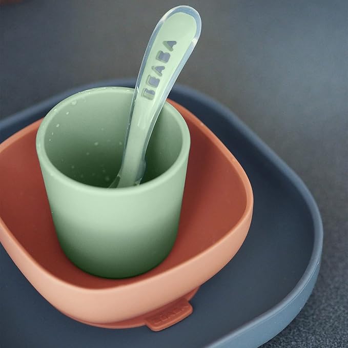 BEABA 100% Silicone 4 Piece Baby Feeding Set, Suction Plates for Baby, Includes Plate, Bowl, Cup, 2nd Stage Silicone Spoon, High Grade Food Safe Silicone, Mineral