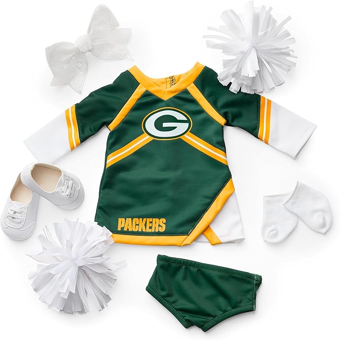American Girl Greenbay Packers Cheer Uniform 18 inch Doll Clothes with Pom Poms, Navy and Grey, 5 pcs, Ages 6+