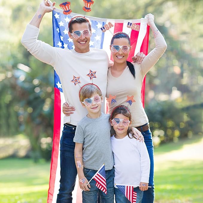 65-Piece 4th of July Party Supplies Set - Patriotic Headbands, Necklace, Shutter Shades, Flags, Tattoo Stickers
