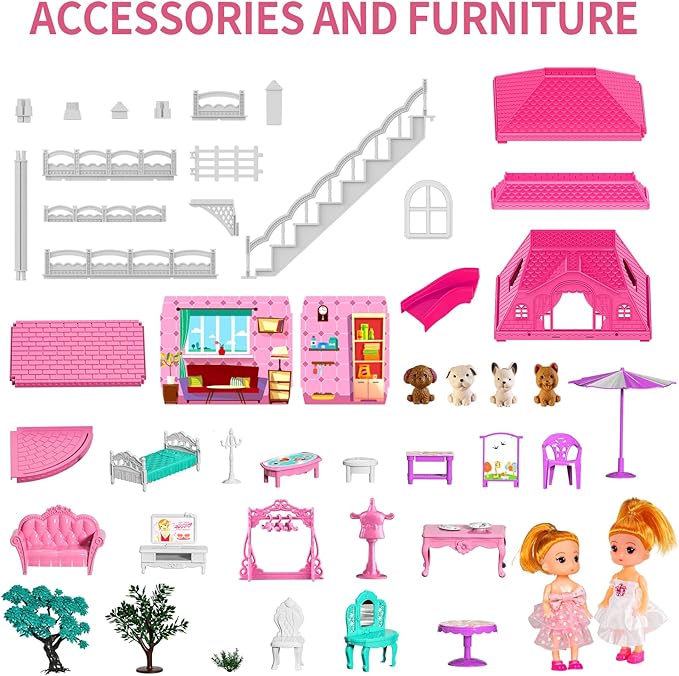 TEMI Villa Toys for 3 4 5 6 7 8 Years Old Girls - 3 Storeys 8 Rooms, Indoor Playset with 2 Dolls Toy Figures, Toys Furniture and Accessories, Pretend Girls Plays, Building Toys, Gifts Toy