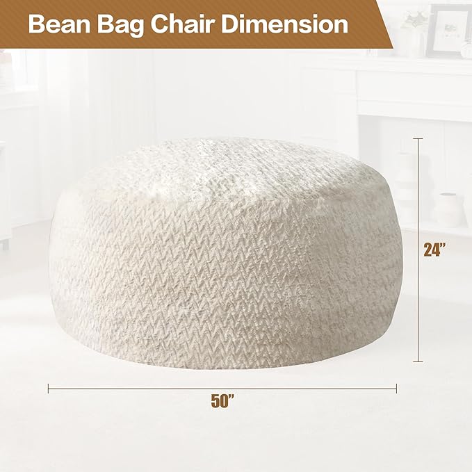 5ft Bean Bag Chairs for Adults Large Beanbag Chair with Chevron Plush Fur Cover Big Bean Bag Chair for Living Room Bedroom Dorm Office - White (50” x 50” x 24”)