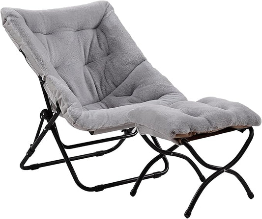 Comfy Saucer Chair with Ottoman, Oversized Folding Faux Fur Chair Soft Furry Lounge Lazy Chair with Metal Frame Moon Chair Accent Chair for Bedroom, Living Room, Dorm Rooms